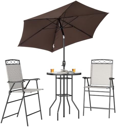 Outsunny 4 Piece Outdoor Patio Dining Furniture Set, 2 Folding Chairs, Adjustable Angle Umbrella, Wave Textured Tempered Glass Dinner Table, Beige by Outsunny