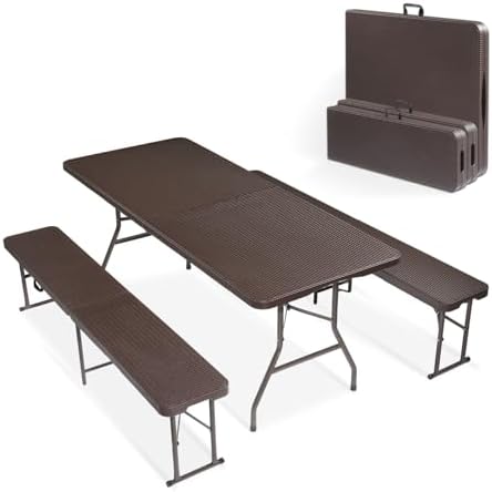 VINGLI Picnic Table Set with 2 Benches, 6 Feet Camping Table Chair Set, 3-Piece Folding Furniture for Indoor or Outdoor Use, Rattan Patterned Tabletop, Brown by VINGLI