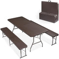 VINGLI Picnic Table Set with 2 Benches, 6 Feet Camping Table Chair Set, 3-Piece Folding Furniture for Indoor or Outdoor Use, Rattan Patterned Tabletop, Brown by VINGLI