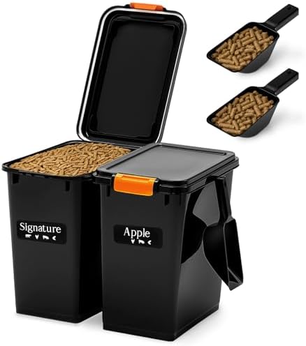 Maxdot 2 Sets 33lb Dry Pellet Storage Bin Pack with Scoops and Labels Grill Accessories Wood Pellet Storage Containers with Flavor Stickers Airtight for Grill Pellets by Maxdot
