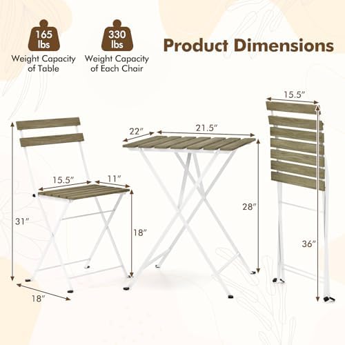 Giantex 3-Piece Acacia Wood Bistro Set, Patio Bistro Table with 2 Folding Chairs, Slatted Seat & Tabletop, Metal Frame, Outdoor Furniture Set for Backyard, Porch, Garden, Poolside (White + Gray) - Image 4