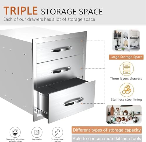 Outdoor Kitchen Drawers, Box Frame Style Flush Mount BBQ Drawer w/Stainless Steel Handle, BBQ Island Drawers For Patio Grill Station,Three Drawers - Image 7