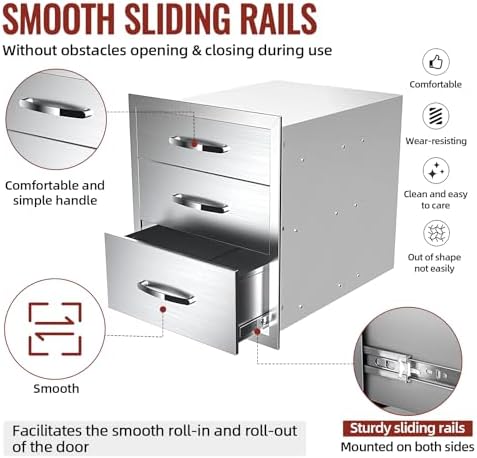 Outdoor Kitchen Drawers Stainless Steel, BBQ Drawer Inserts for Built-in Patio Grill Station, Triple Drawer, 14''W x 21''H x 23''D - Image 6