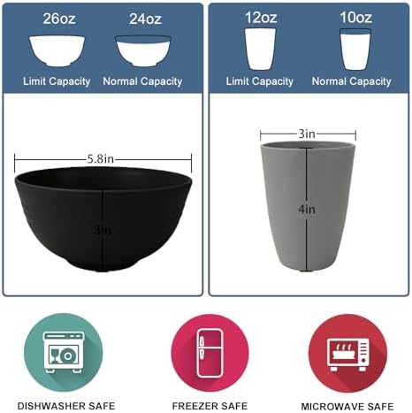Wrova 40Pack plates and bowls sets for dinner - Unbreakable wheat straw dinnerware sets service for 8 - Alternative plastic 40pcs dish sets for camping,picnic and R.V. - (Black & Grey) - Image 3