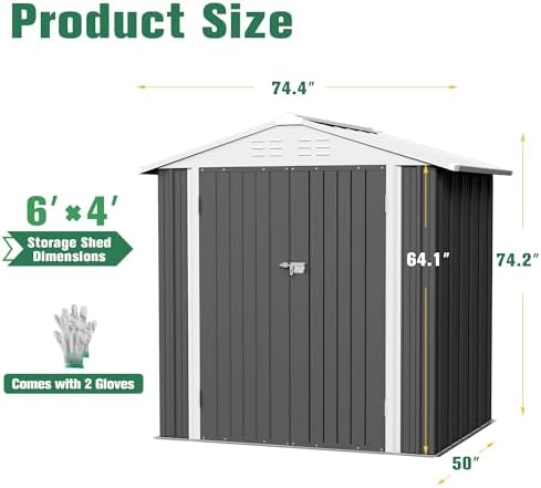 Flamaker 6x4 FT Storage Shed Waterproof Metal Garden Shed with Lockable Door Utility Tool Shed Outdoor Storage for Backyard, Patio and Lawn, Grey - Image 5