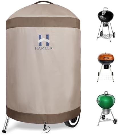 HAMLER Round Barbecue Cover, 21 Inch Small Smoker Cover, Heavy Duty Waterproof Outdoor Grill Cover Fits Weber, Charcoal Kettle, Masterbuilt, Dyna-Glo, Brown & Beige by HAMLER