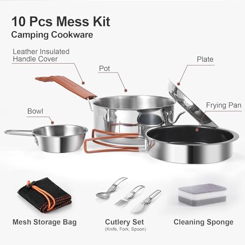 Odoland 10pcs Camping Cookware Stainless Steel Camping Pot and Pan Set with Plate Bowl Fork Knife Spoon for Backpacking, Hiking, Outdoor Cooking and Picnic - Image 3