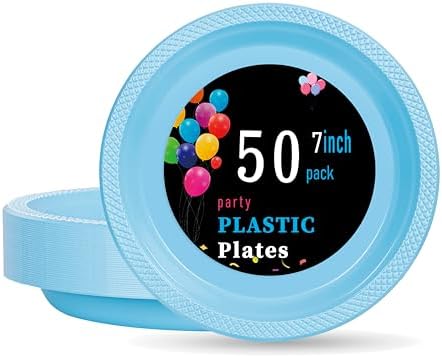 WELLIFE 7 Inch Light Blue Plastic Plates 50 Count by WELLIFE