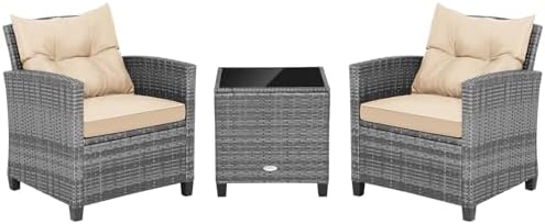 RELAX4LIFE 3 Piece Patio Furniture Set, Wicker Bistro Conversation Set w/2 Cushioned Armchairs & Glass Topped Table, Outdoor Rattan Sofa Set Patio Furniture for Porch Balcony Poolside (Grey-Beige) by RELAX4LIFE