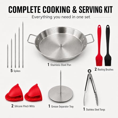 Al Pastor Skewer for Grill, 13 Inch Stainless Steel Vertical Skewer Pan with 5 Spikes, Grease Separator Tray, Tongs, Gloves & Basting Brushes, Shawarma Gyro Kebab Stand for Oven Smoker BBQ - Image 4
