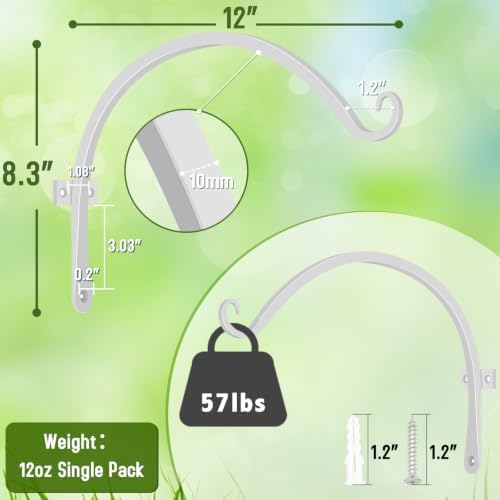 FEED GARDEN Heavy Duty Plant Hooks - 2 Pack 12 Inch Wall Mounted Hanging Brackets, 57lb Capacity Steel Plant Hangers for Bird Feeders, Baskets, Wind Chimes Outdoor Indoor- White - Image 2