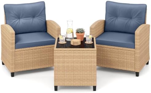 Tangkula 3 Pieces Patio Furniture Set, PE Rattan Wicker 3 Pcs Outdoor Sofa Set w/Washable Cushion and Tempered Glass Tabletop, Conversation Furniture for Garden Poolside Balcony by TANGKULA