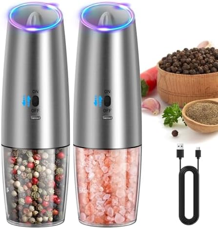 CIRCLE JOY Rechargeable Gravity Electric Salt and Pepper Grinder Set, Stainless Steels Salt and Pepper Mills with LED Light, No Battery Needed, Adjustable Coarseness, Washable 135ml Container, Silver by CIRCLEJOY