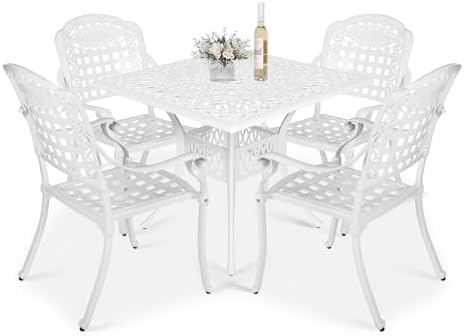 VIVIJASON 5-Piece Outdoor Patio Dining Set, All-Weather Cast Aluminum Conversation Set, Patio Furniture Set, Include 4 Chairs, a 35.4" Square Table w/Umbrella Hole, White by VIVIJASON
