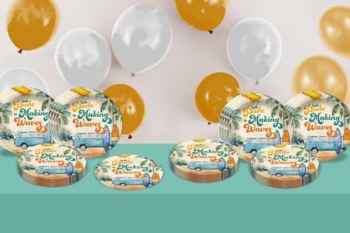 Birthday Galore Little Dude Making Waves Surfing Baby Shower - 32 Piece Disposable Party Supplies - Surfer Baby Shower Decorations - Round Party Plates - Large 9" Paper Plates In Bulk - Image 6