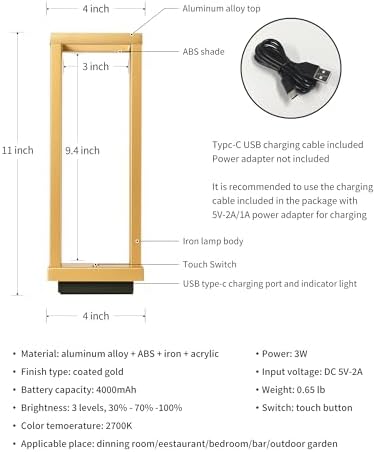 PUSU Cordless Waterproof Table Lamps, Gold Outdoor Rechargeable Desk Lamp - Image 5
