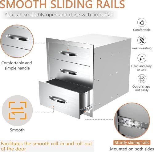 Pull Out Trash Drawer, Lower Sliding Rails Stainless Steel Roll Out Trash Bin Pull Out Tray With Handle For Outdoor Kitchen BBQ Island Grill Station,Three Drawers - Image 6