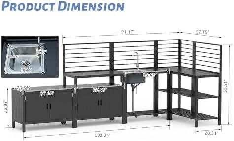 Domi 5-Piece Outdoor Kitchen Island with Storage, Aluminum Kitchen Islands Stainless Steel Sink w/Faucet, Corner Bar Storage Cabinet, Outdoor Kitchen with Protective Cover for Deck, Patio - Image 2