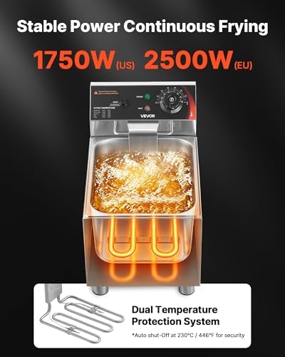 VEVOR Commercial Deep Fryer, Stainless Steel Countertop Fryer with Baskets & Lids, Temp Control, Overheat Protection, for Commercial Restaurant, Single Fryer-12Qt - Image 3
