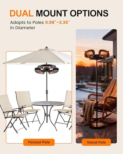 Star Patio Outdoor Heater, Electric Parasol Heater, Umbrella Patio Heater with 3 Heat Levels, 1500W Instant Heating, Tip-Over & Overheat Protection, Infrared Patio Heater, ZHQ2027-P - Image 3