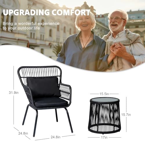 3 Piece Outdoor Wicker Furniture Bistro Set, Rattan Chairs Conversation Sets Wicker Patio Furniture for Balcony Poolside Backyard, Black/Black - Image 5