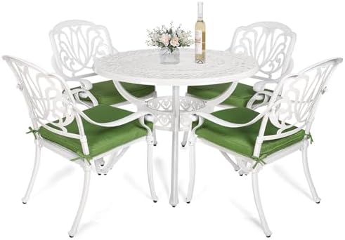 VIVIJASON 5-Piece Outdoor Patio Dining Set, All-Weather Cast Aluminum Conversation Set, Patio White Furniture Set, Include 4 Cushioned Chairs, 38.5" Round Table w/Umbrella Hole (White/Green Cushion) by VIVIJASON