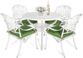 VIVIJASON 5-Piece Outdoor Patio Dining Set, All-Weather Cast Aluminum Conversation Set, Patio White Furniture Set, Include 4 Cushioned Chairs, 38.5" Round Table w/Umbrella Hole (White/Green Cushion) by VIVIJASON