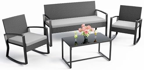 Ahomly 4 Piece Outdoor Patio Furniture Set, Wicker Patio Furniture with Glass Coffee Table, Rocking Wicker Bistro Set, for Backyard, Poolside, Porch (Grey) by Ahomly