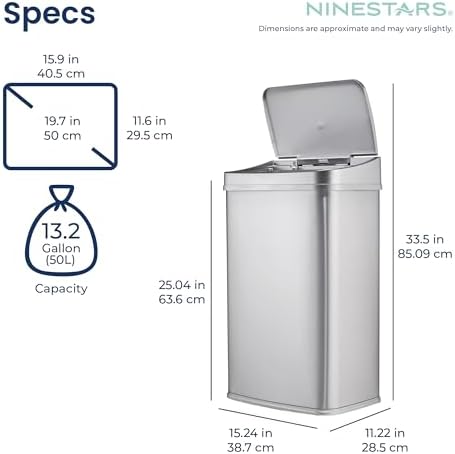 Ninestars 13 Gallon Automatic Trash Can, 50L Touchless Motion Sensor Garbage Can with Odor-Sealing Lid, Rectangular Stainless Steel, Silver Trim - Image 5