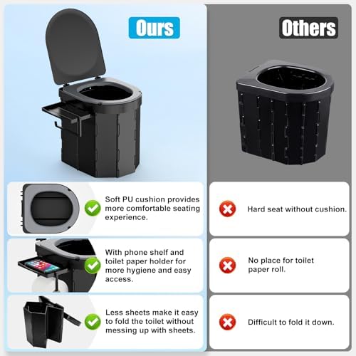 PAHTTO Portable Camping Toilet, Foldable Toilet for Adults with Detachable Phone Shelf and Toilet Paper Holder, Waterproof Porta Potty with Lid for Camping, Hiking, RV Travel, Road Trips - Image 5