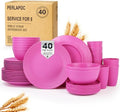 Wheat Straw Dinnerware Set 40 PCS | Service for 8 | Unbreakable Plates and Bowls Sets Plastic Reusable Dishes Sets Dinner Plates, Cereal Bowls, Water Cups Kitchen Set for Home RV- Pink by Perlapoc