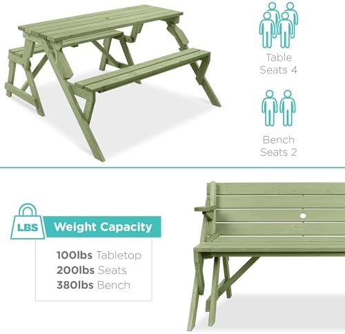 Best Choice Products 2-in-1 Transforming Interchangeable Outdoor Wooden Picnic Table Garden Bench for Backyard, Porch, Patio, Deck w/Umbrella Hole - Sage Green - Image 6