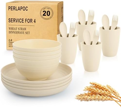 Kitchen Wheat Straw Dinnerware Sets for 4, Unbreakable Kids Dish Set 20 PCS - Dinner Plate/Cereal Bowl/Cup/Fork/Spoon, for Outdoor Camping, RV, Apartment Essentials - Beige by Perlapoc