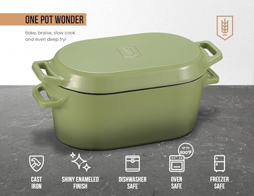 Kook Oval Dutch Oven, for Bread Baking, Sourdough Loaf Pan, Dual Handles, Enameled Cast Iron, with Sling, Dishwasher Safe, 3.4 Qt, Sage Ombre - Image 7