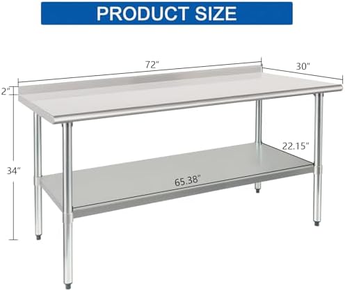 HARDURA Stainless Steel Prep & Work Table 30 x 72 Inches Backsplash - Image 2