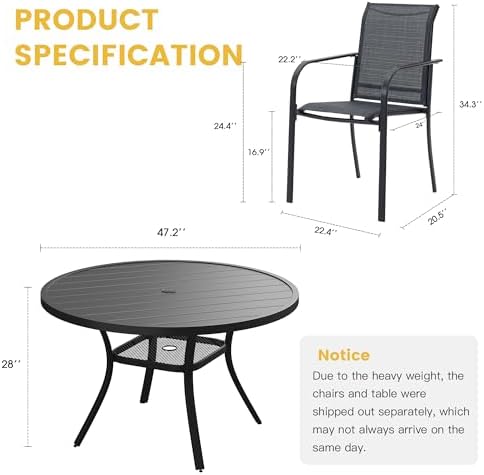 VICLLAX Patio Dining Set for 6, 7 Pieces Outdoor Furniture Set- 47" Round Patio Table and Stackable Chairs, Black Tabletop and Grey Fabric - Image 2