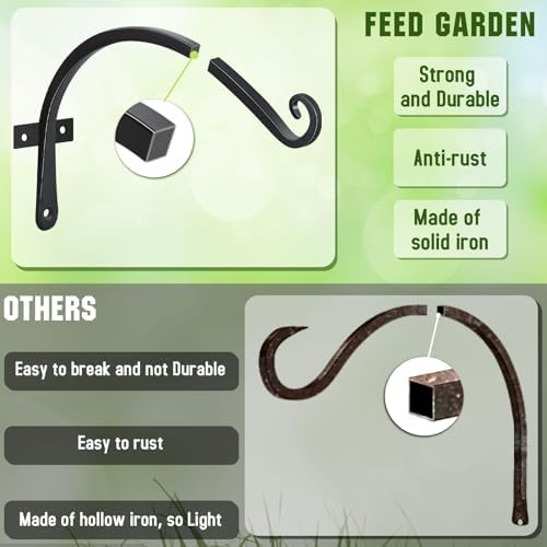 FEED GARDEN Heavy Duty Plant Hooks - 2 Pack 12 Inch Wall Mounted Hanging Brackets, 57lb Capacity Steel Plant Hangers for Bird Feeders, Baskets, Wind Chimes Outdoor Indoor- Black - Image 5
