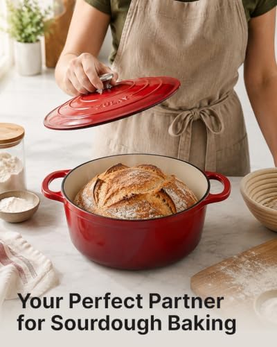 Zulay Kitchen 6.4QT Enameled Cast Iron Dutch Oven Pot with Lid, Heat Pad & Trivet, Heavy-Duty Soup Pot for Stews, Braising, Roasting & Sourdough Bread Baking, Oven Safe up to 500°F - Ablaze Red - Image 2