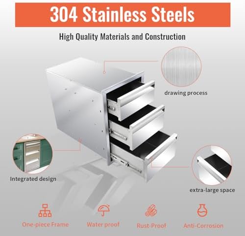 Outdoor Kitchen Drawers Stainless Steel Triple BBQ Drawers Built-in Drawer 14"" W x 21"" H x 23"" D for Outdoor Kitchen Island Patio Grill Station (14" W x 21" H x 23" D) - Image 3