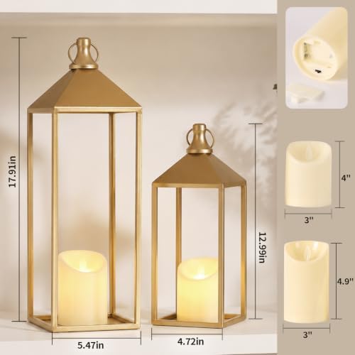 Set of 2 Decorative Lanterns with Candles, Gold Metal Lanterns Decor - Image 2