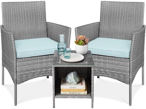 Best Choice Products 3-Piece Outdoor Wicker Conversation Bistro Set, Space Saving Patio Furniture for Garden w/Side Table - Gray/Pastel Blue by BestChoiceProducts