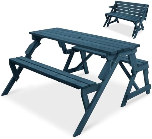 Best Choice Products 2-in-1 Transforming Interchangeable Outdoor Wooden Picnic Table Garden Bench for Backyard, Porch, Patio, Deck w/Umbrella Hole - Harbor Blue by BestChoiceProducts