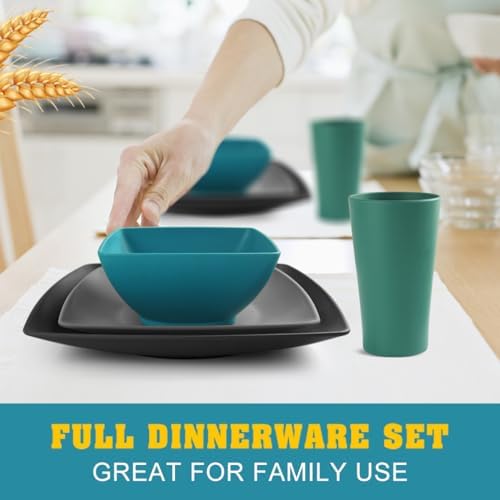 Teivio 32-piece Plastic Wheat Straw Square Dinnerware Set for 8, Unbreakable Dinner Plates, Salad Plates, Snack Bowls, Tumblers 13.5 oz, Dishwasher Safe, Outdoor RV Dishes, Coastal Multicolor - Image 6