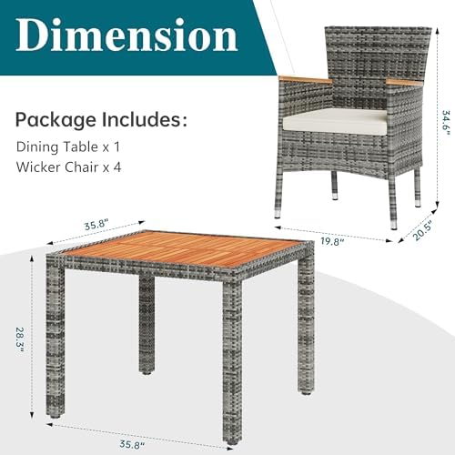 Shintenchi 5 Piece Patio Dining Set, Wicker Patio Conversation Set with Wooden Table Top, Outdoor Table and Chairs with Soft Cushions for Backyard, Deck and Garden, Grey Wicker - Image 3