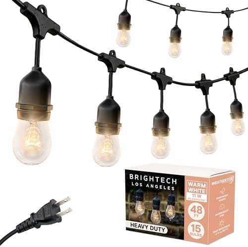 Brightech Ambience Pro Incandescent Outdoor String Lights - Commercial Grade Waterproof Patio Lights with 48 Ft Dimmable Edison Bulbs, Porch String Lights for Patio, Backyard - 15 Bulbs 11W by Brightech