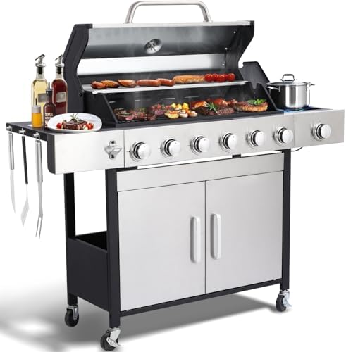 69000 BTU Output Propane Gas Grill with Side Burner and 6 Main Burners - Double-layer Stainless Steel Lid, Cast Iron Grids and Plate, Easy-Clean Grease Management for Perfect BBQs by COOKIT