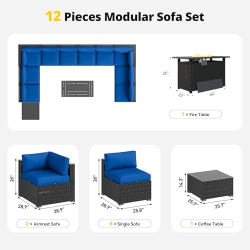 Aoxun Patio Furniture Set with Fire Pit Table, 12 Piece Outdoor Sectional Set, 10 Seats Wicker Rattan Outdoor Furniture with Thickened Cushion for Backyard, Garden Navy Blue - Image 5