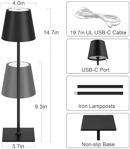 Kakanuo Cordless Rechargeable Table Lamp Black 5000mAh Battery Operated Lamps, 3 Colors Stepless Dimming Touch Lamp for Living Room, Kitchen Counter, Dining, Outdoor Patio, 2 Pack - Image 6