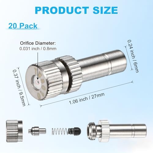 M METERXITY 20-Pack Brass Misting Nozzles, 0.031"/0.8mm Orifice Mister Replacement Heads for Outdoor Cooling System/Landscaping/Humidification/Greenhouse, 6mm Low-Pressure Fog Sprayer Nozzle - Image 3