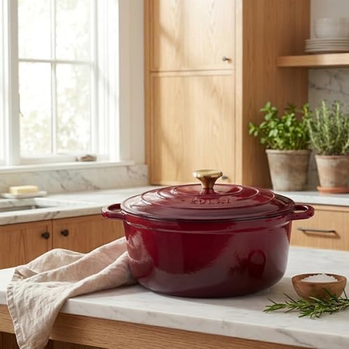 Zulay Kitchen 6.4QT Enameled Cast Iron Dutch Oven Pot with Lid, Heavy-Duty Soup Pot for Stews, Braising, Roasting & Sourdough Bread Baking, Oven Safe up to 500°F – Garnet - Image 2